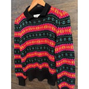 Edina Ronay Hand Knit Silk Wool Sweater England Vintage Black Pink MEDIUM